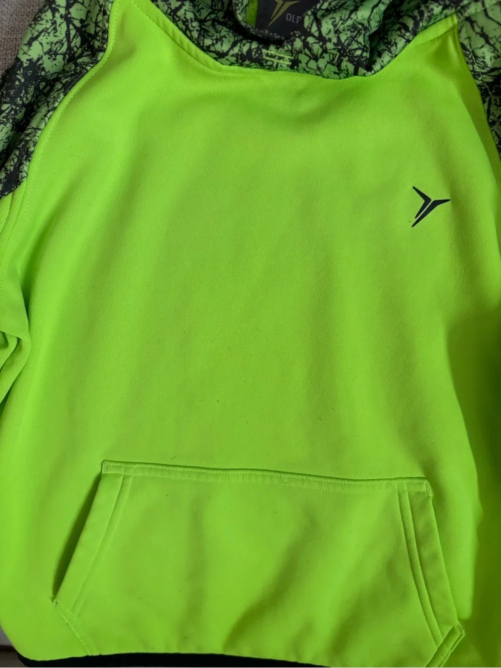 Kids Neon Green Hooded Sweatshirt w/Pocket & Patterned Sleeves Size 5 Go-Dry 👍🏻